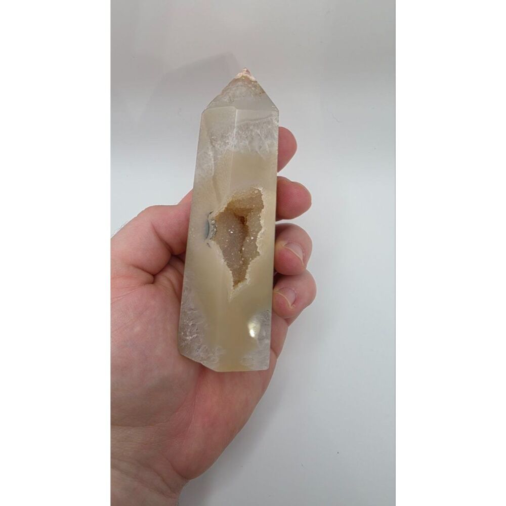 Cream Druzy Agate Crystal Tower Point Geode Obelisk